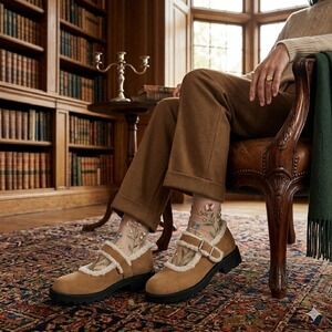 Cider Mary Jane Platform Lug Sole Tan Faux Suede Shearling Trim Shoes Womens 38